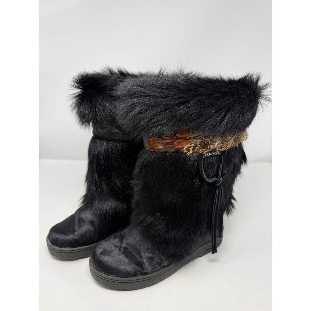 Y2K Bearpaw Kola II Black Calf Skin Goat Fur Feather Trim Winter Boots Womens 7